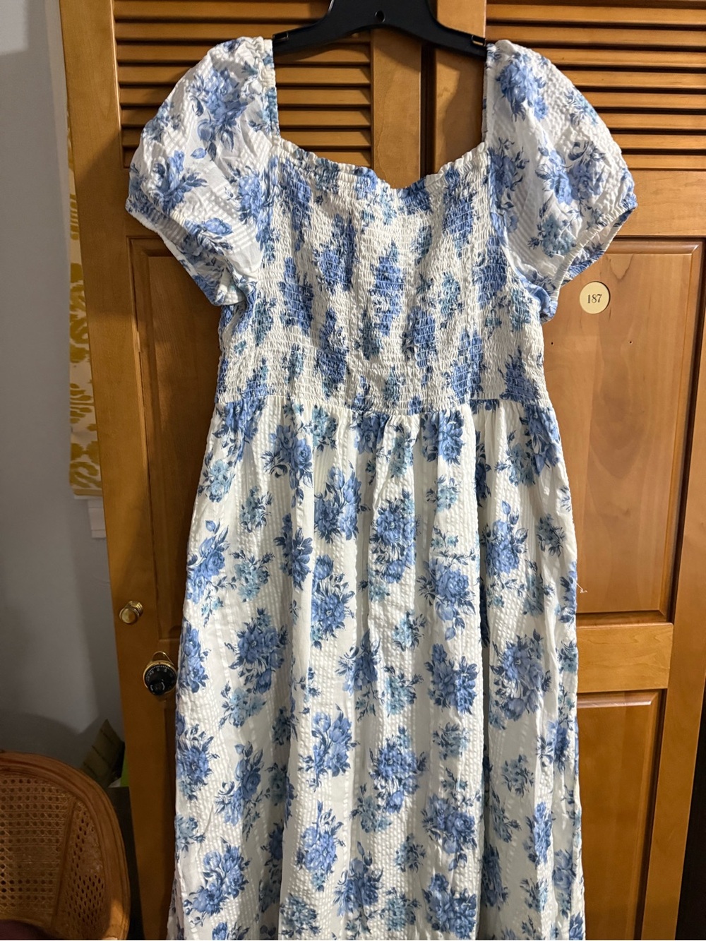 LOFT White Maxi Dress with Blue Floral Print